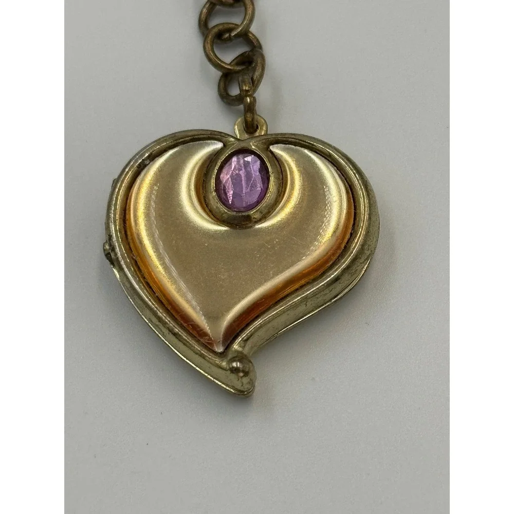 Vintage Style Gold Tone Heart Locket‎ Keychain Purple Rhinestone Portrait